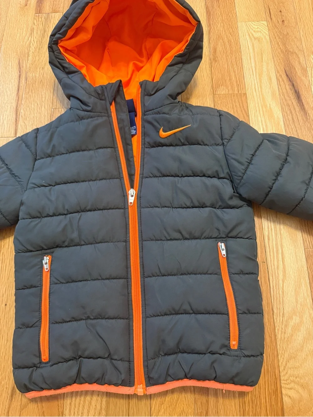 Nike Kids Gray Puffer Jacket with Orange Accents